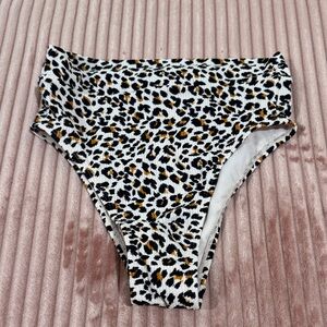 High-Waist Leopard Print Bikini Bottoms - White, Black & Gold